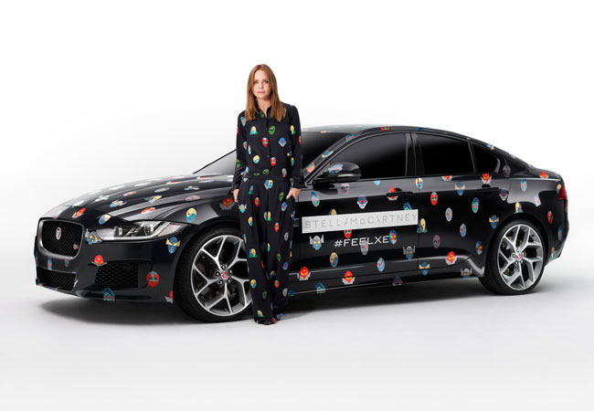 Jaguar XE, draped in Stella McCartney’s new superhero print from her Spring 2015 collection.